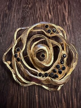 Vintage Orena Paris Gold Flower Statement Brooch / Pin with Black Stones